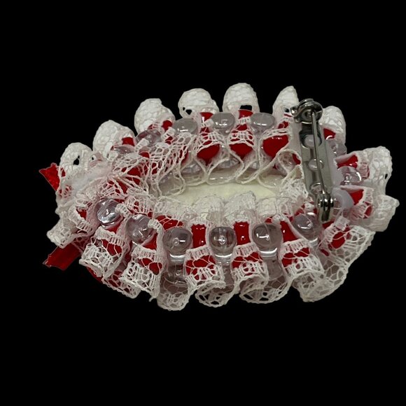 Handmade Cameo Brooch Acrylic Lace Red Bow Beaded Pin - Picture 6 of 6